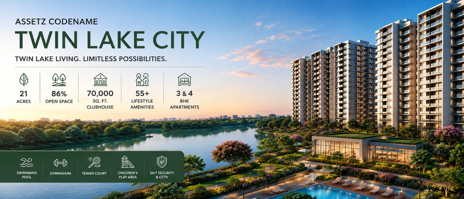 Assetz Codename Twin Lake City | 3 & 4 BHK Luxury Apartments | 70,000 Sq. Ft. Clubhouse project view
